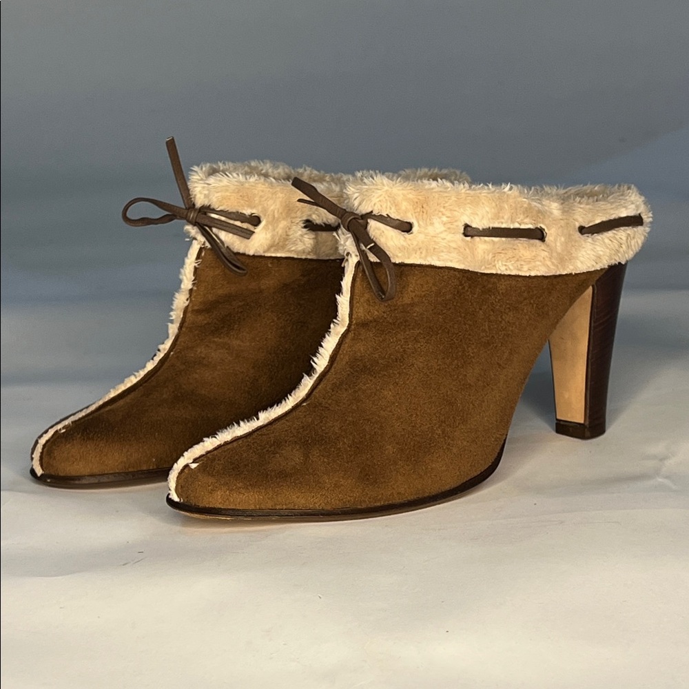 ANN KLEIN Brown Suede Women's Mules with Faux Fur Trim 9.5, Made in Italy